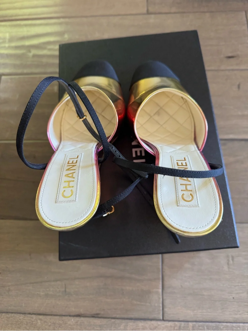 CHANEL Gold Metallic Slingback Mules with Black Cap Toe - Picture 7 of 7